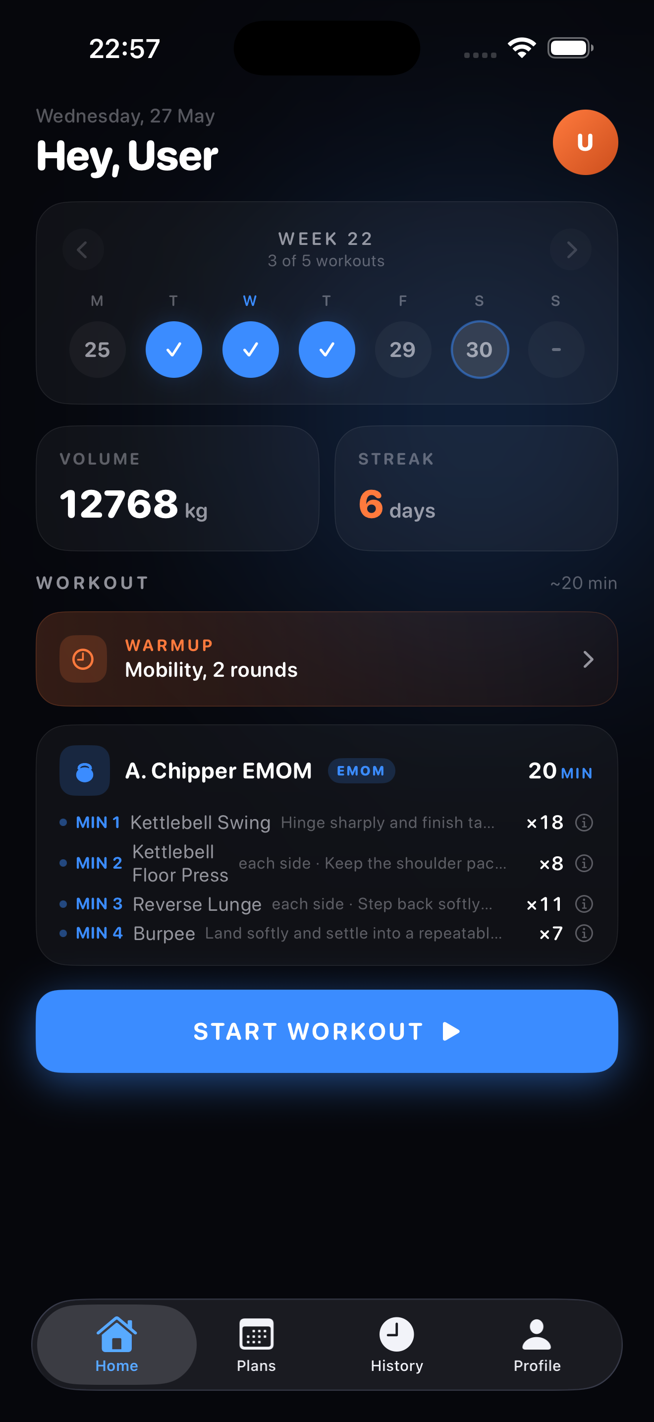 Bellring home screen showing weekly plan and workout start button